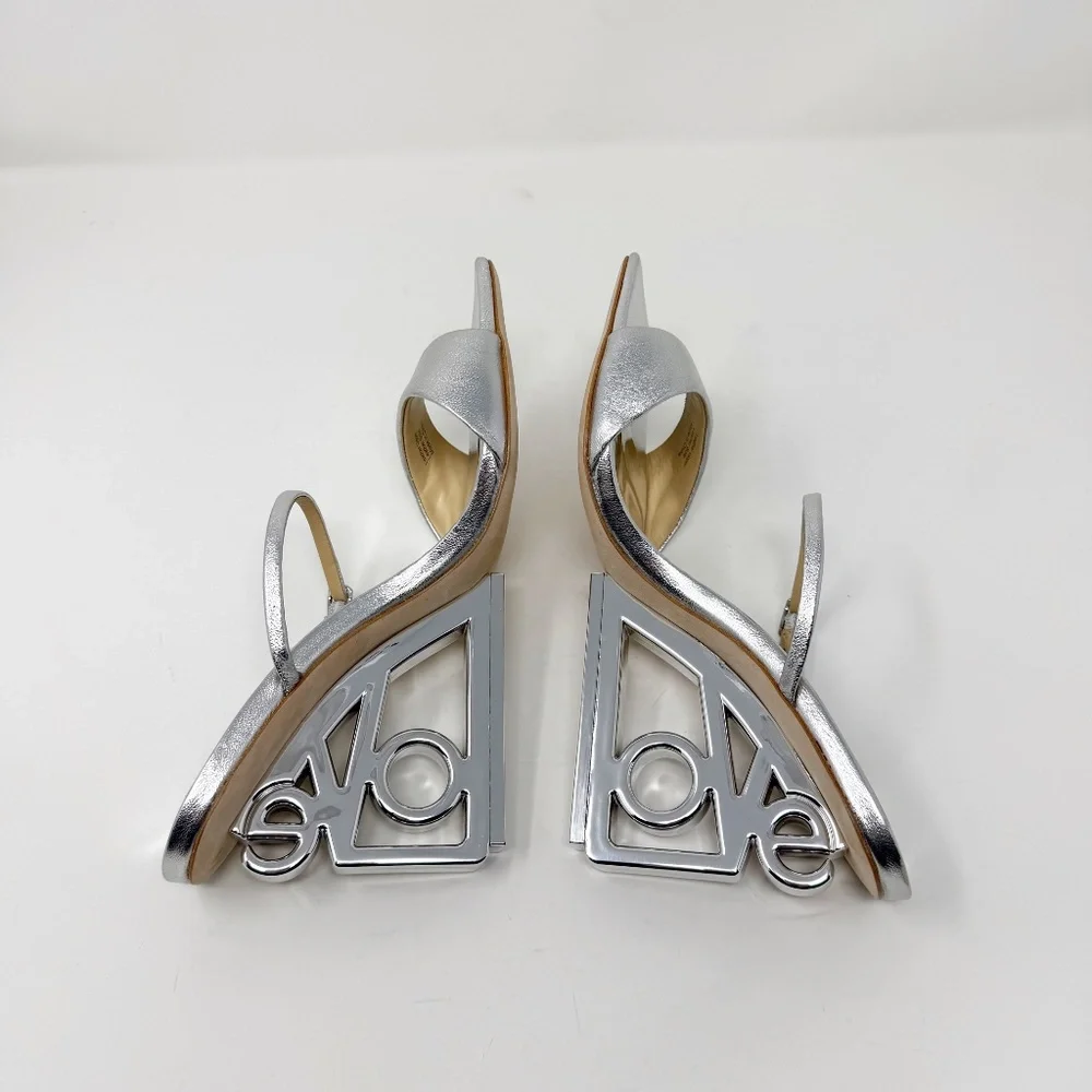 New Badgley Mischka Luna Mule With Sculptural Wedge Silver Love Sz 7.5